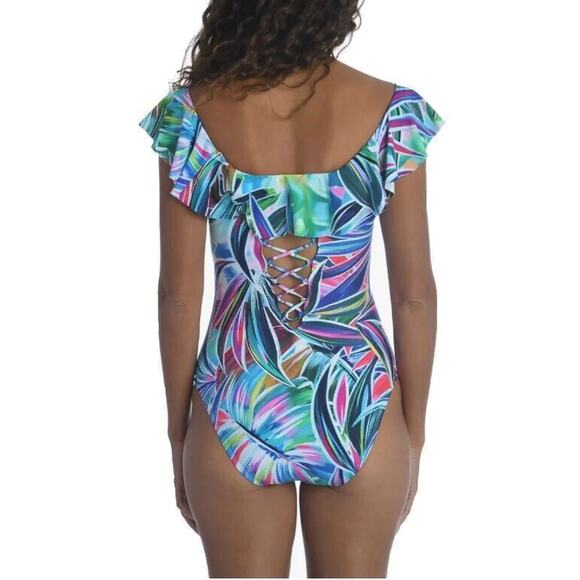 La Blanca Women Tropical Off the Shoulder Ruffle One-Piece Swimsuit Size US 4 - Picture 3 of 4
